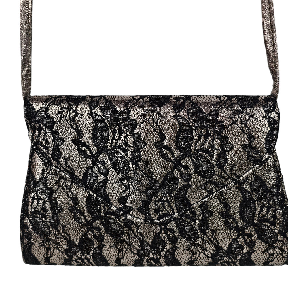 VTG NM black lace gunmetal faux leather flap x body purse bag evening 6.5 x 9.5
